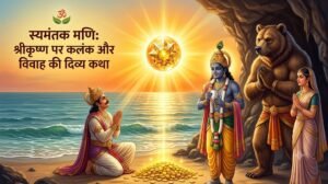 स्यमंतक मणि प्राप्त करने के लिए सत्राजित समुद्र के तट पर सूर्य देव से तपस्या कर रहे हैं; भगवान कृष्ण और जामवंत भी खड़े हैं