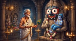 भगवान जगन्नाथ को क्यों चढ़ता है खिचड़ी महाप्रसादः जगन्नाथ मंदिर के गर्भ गृह में आश्चर्यचकित मुख्य पुजारी, भगवान जगन्नाथ की मूर्ति के मुख पर खिचड़ी का अंश देखते हुए.