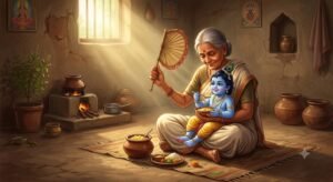 माता करमाबाई बाल रूप में भगवान ठाकुर जी को पंखा झलते हुए, जो मुस्कुराते हुए खिचड़ी का प्रसाद खा रहे हैं.